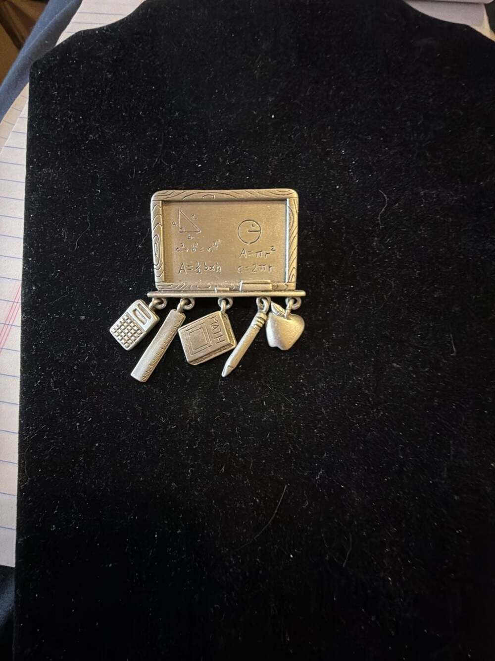 Vintage JJ Jonette Math Teacher Blackboard Pewter Tone Brooch Pin Dangle Charms